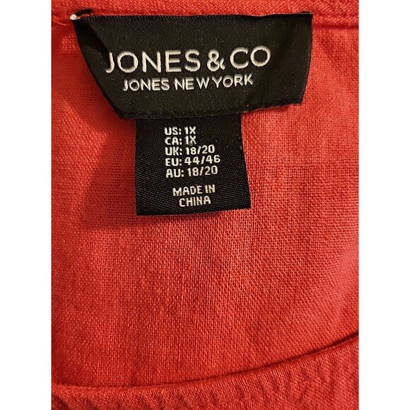 Jones New York Top Womens 1X Plus Red 3/4 Sleeve Linen Blend Pullover Blouse - Picture 9 of 10